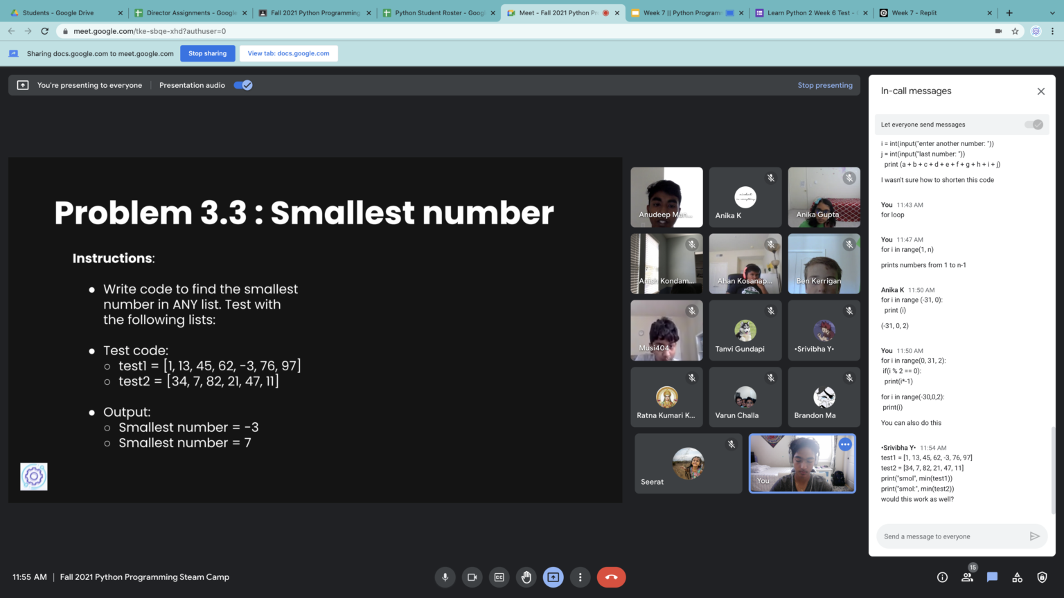 Our Fall 2021 Python students experiment with functions that return the smallest number!